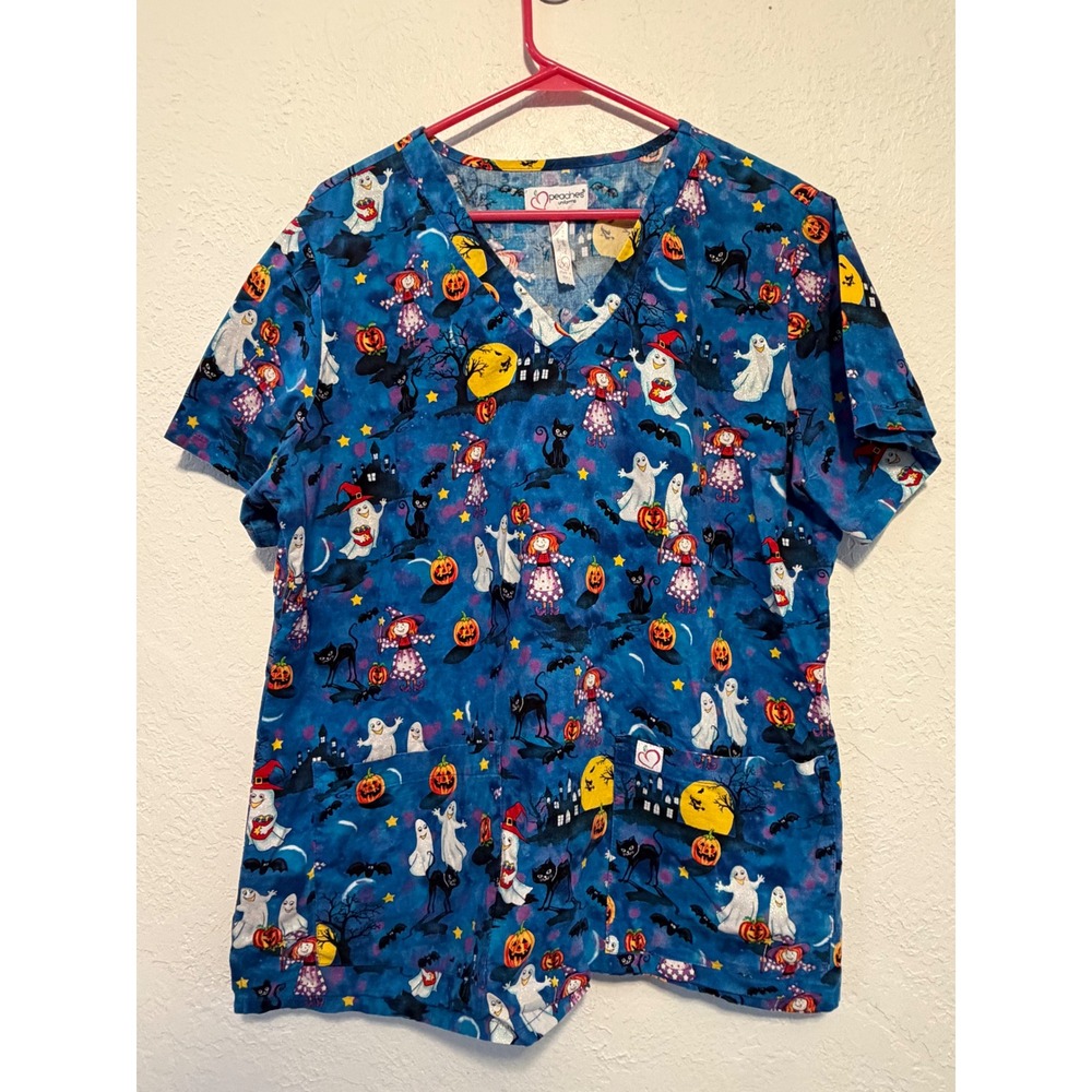 Peaches Uniforms Halloween Scrub Top 2XL Blue Ghost Witch Pumpkin 6006191 Cotton